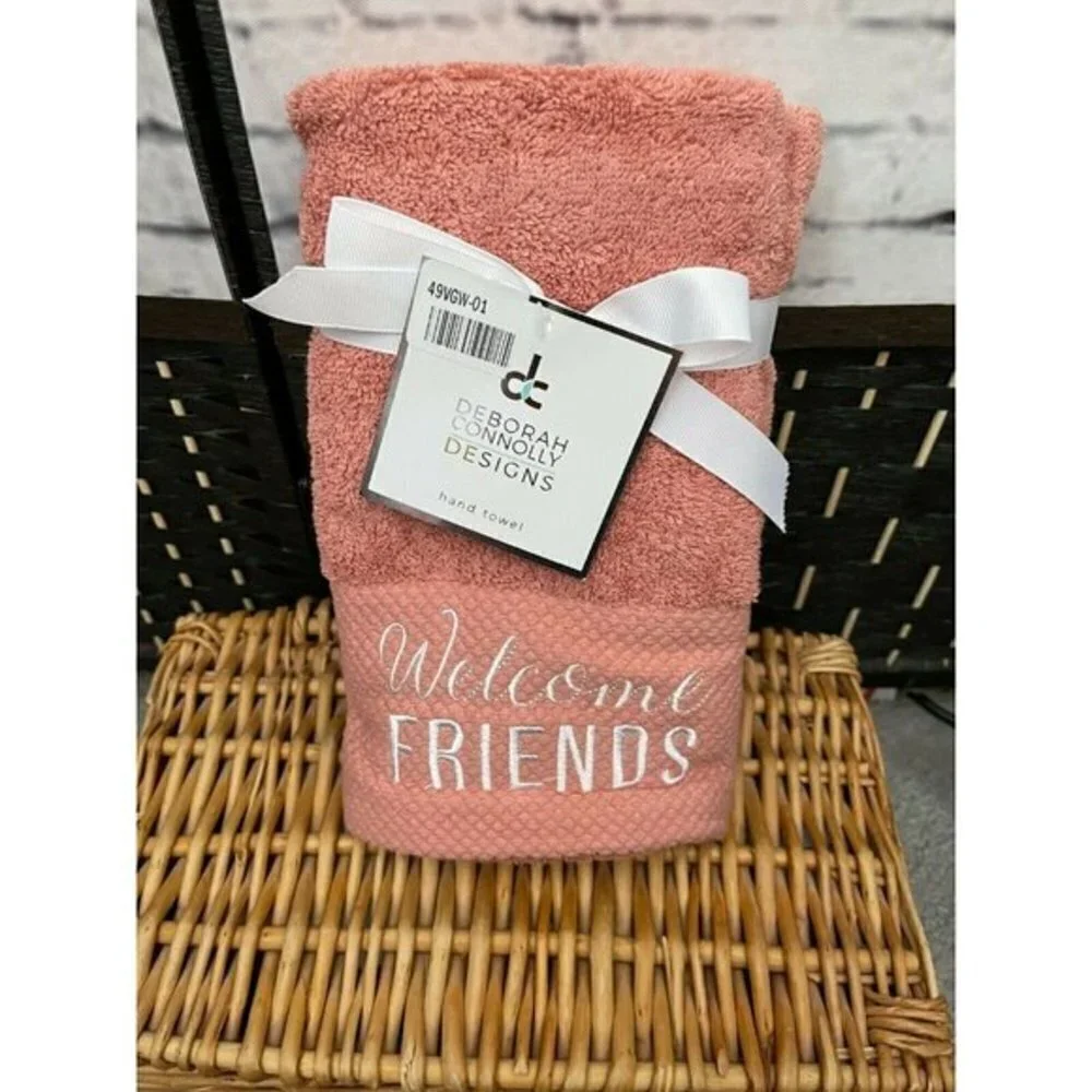 Deborah Connolly 2 Pk Pink Rose Embroidered Welcome Friends Script Hand Towels